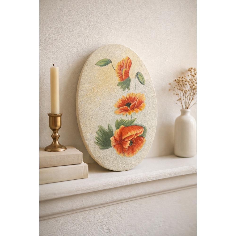 Hand Painted Poppy Floral Stone Tile Plaque Oval MCM Cottage Wall‎ Art